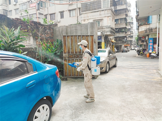 工作人员进行环境消杀以防控登革热。 工作人员进行环境消杀以防控登革热。