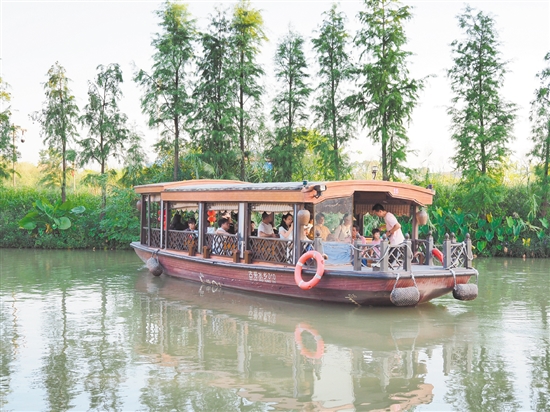 游客在古劳水乡旅游区乘坐游船欣赏水乡风景。 游客在古劳水乡旅游区乘坐游船欣赏水乡风景。