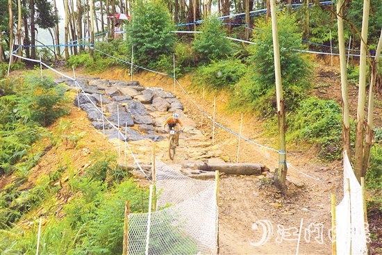 选手在山林间高速骑行，展现高超技术。