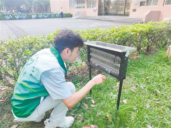 五邑大学志愿者在户外投放人体气味仿生蚊虫诱捕剂。 五邑大学志愿者在户外投放人体气味仿生蚊虫诱捕剂。