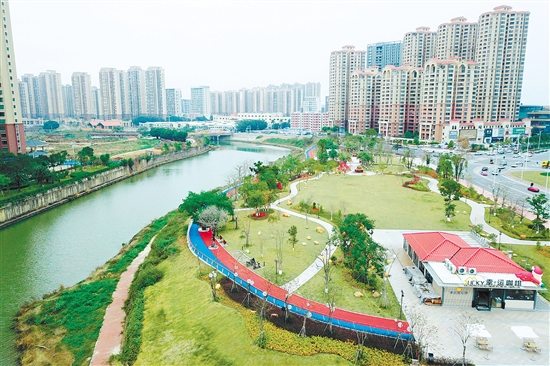 台山碧道的设计与建设理念，均以生态保护为核心，注重保留沿途的河滩地，营造“红花盛开、绿草如茵、鱼儿游弋”的生态水文环境。图为台城河段碧道。