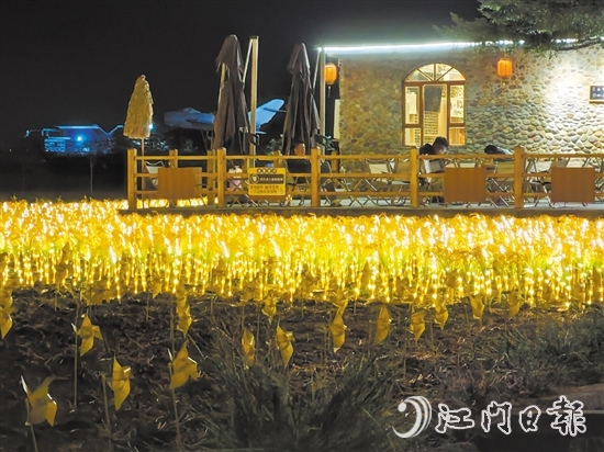 每当夜幕降临，牛栏咖啡店外就会亮起连片“发光”水稻，搭配上小风车，成为当地夜经济“最靓的店”。