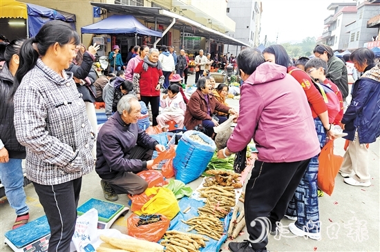 农户将自家种的土特产拿到圩市售卖。