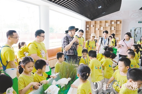 来自江门市教育第一幼儿园的亲子家庭参加现场观鸟研学活动。