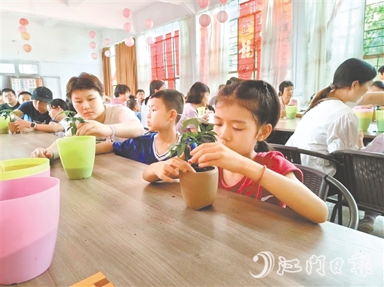 活动期间，家长与孩子共同制作盆栽。