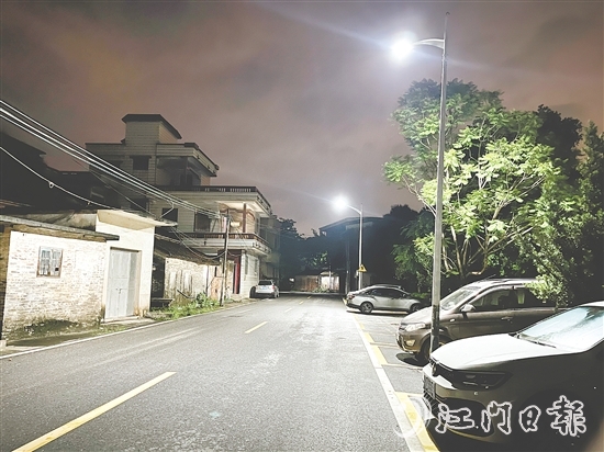 如今的河山村进村路两旁路灯明亮，村民夜间出行更安心。