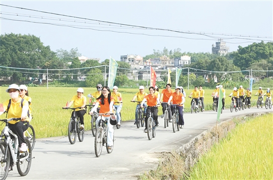 近300名骑行爱好者身着亮色骑行服启程,车轮滚滚间,金色稻浪与百年碉楼相映成趣。 近300名骑行爱好者身着亮色骑行服启程,车轮滚滚间,金色稻浪与百年碉楼相映成趣。