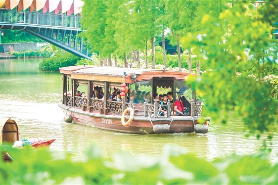 游客乘坐游船穿梭于水乡之间,尽享“泛舟碧波上,人在画中游”的诗情画意。 游客乘坐游船穿梭于水乡之间,尽享“泛舟碧波上,人在画中游”的诗情画意。