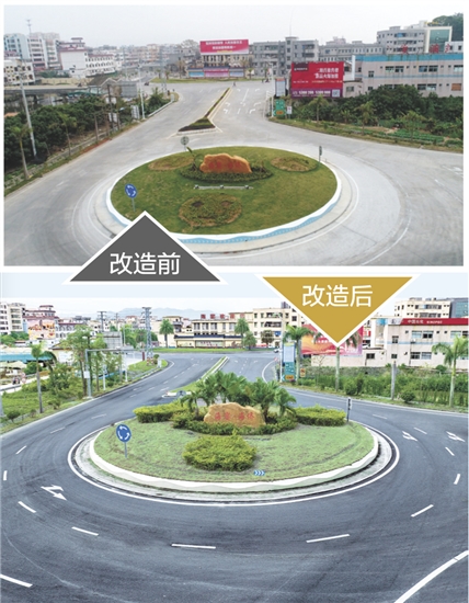 海宴镇入口通道改造后，道路拓宽平整、绿化景观升级、环岛标识醒目，通行效率与颜值双提升。